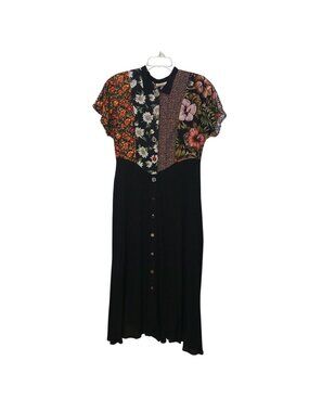 Zoe Patchwork Dress Large Button Maxi Dress Black Multicolor Rayon VTG #L70